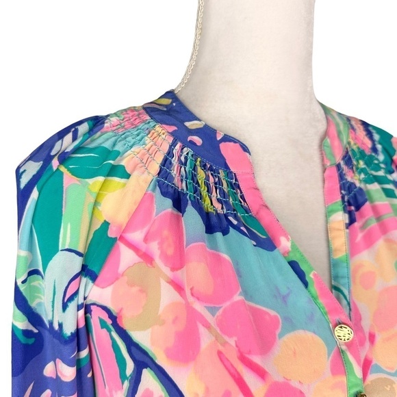 Lilly Pulitzer silk top tunic blouse pink blue palm leaves Exotic Garden Elsa XS - Picture 6 of 16